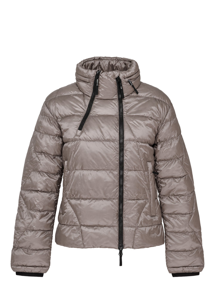 Open YY x Helinox Eclipse Light puffer jacket in metallic taupe with geometric quilting, asymmetric black double zip and padded stand collar