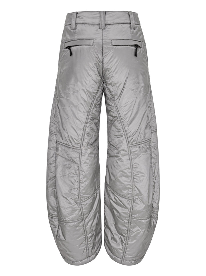 Open YY x Helinox grey padded pants with a quilted finish, barrel leg silhouette and zip pockets, shown from the front - view 2
