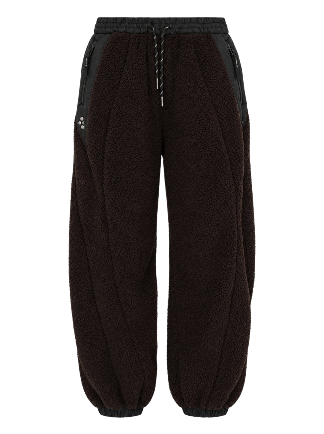 Open YY x Helinox dark brown sherpa fleece pants with black nylon side panels, drawcord waist, zip pockets and elasticated cuffs
