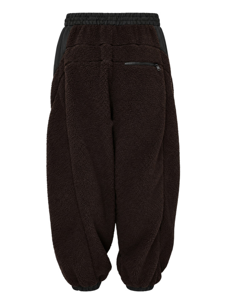 Open YY x Helinox dark brown sherpa fleece pants with black nylon side panels, drawcord waist, zip pockets and elasticated cuffs - view 2