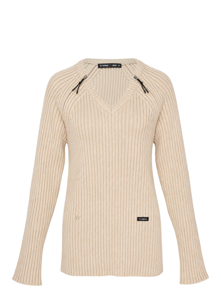 OPEN YY x Helinox beige ribbed knit sweater with V-neckline, shoulder zip slits and black Helinox label, front view