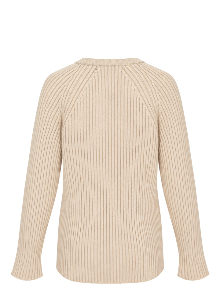 OPEN YY x Helinox beige ribbed knit sweater with V-neckline, shoulder zip slits and black Helinox label, front view - view 2