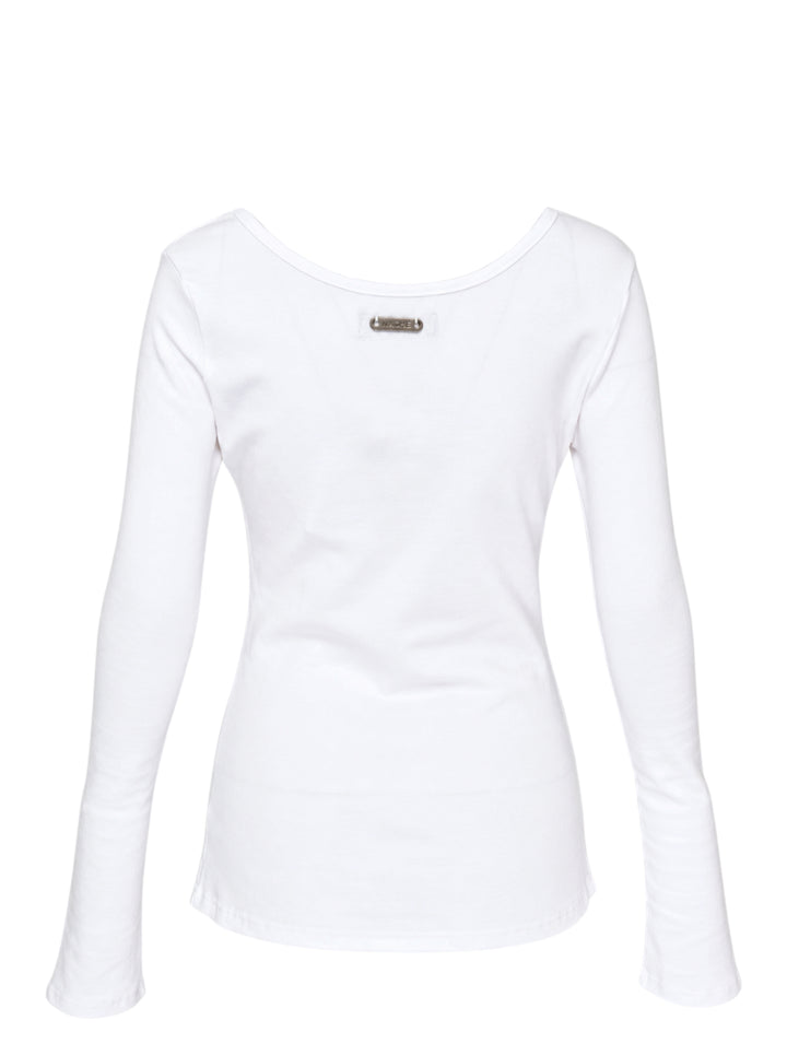 White Nache slim fit long sleeve top with a distorted black typographic print and flared cuffs - view 2