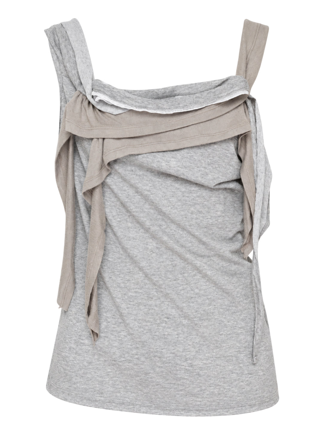 Nache Rawcut Halter Sleeveless Top in heather grey jersey with draped taupe ribbon layers and raw-edge detailing at the neckline