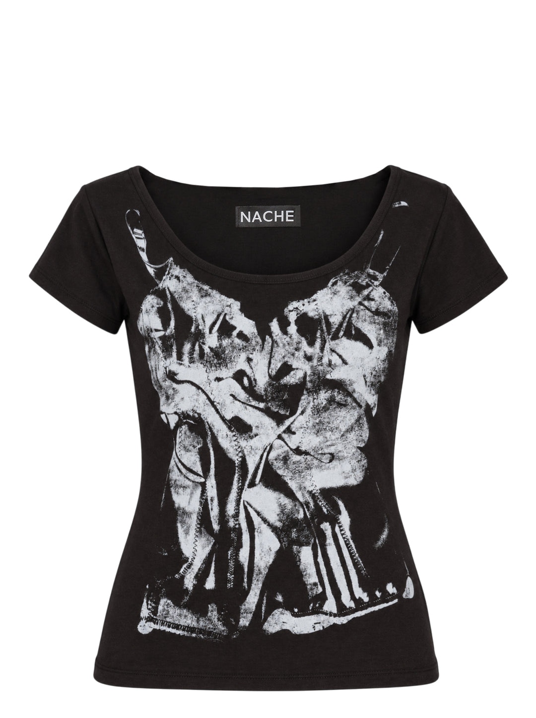 Nache black short-sleeve scoop-neck T-shirt with a distressed white X-ray slip dress print across the front