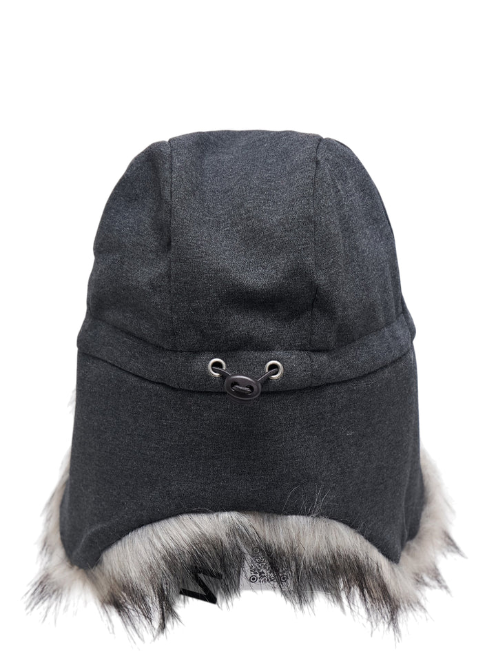 Nache faux fur earflap cap in grey with plush faux fur flaps and tie fastening, front view - view 2