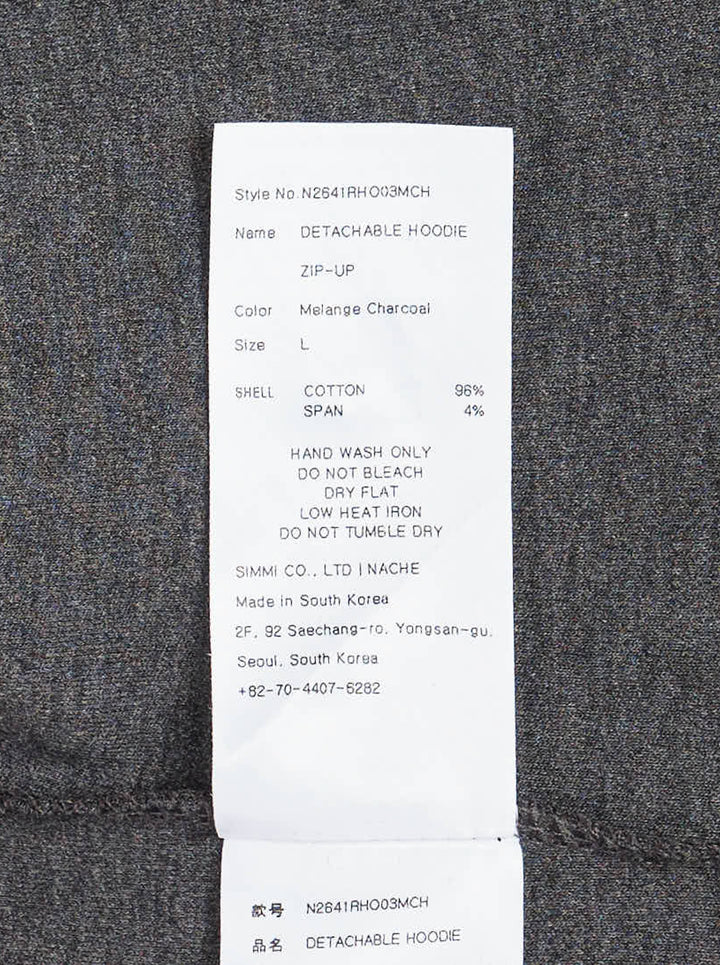 Heather charcoal grey zip-up hoodie with detachable hood, ribbed funnel collar, black drawcords and slit waist pockets - view 5