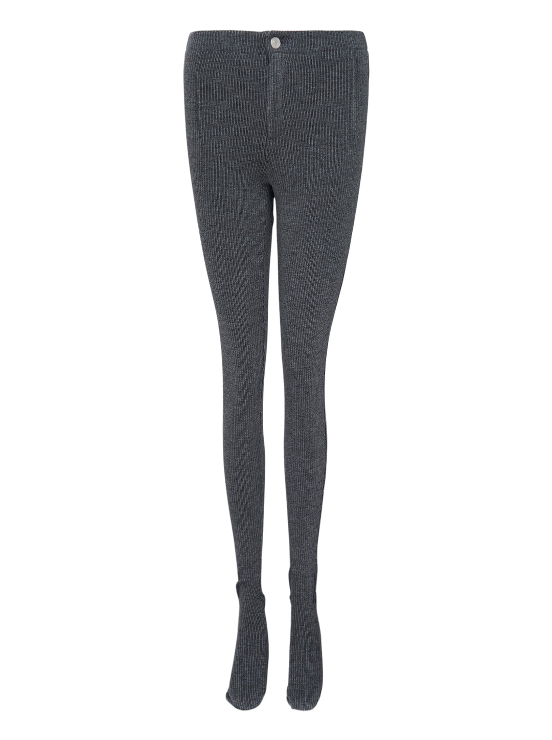 Nache charcoal ribbed knit sock pants with high waist, single button closure and integrated footed hem, shown front view