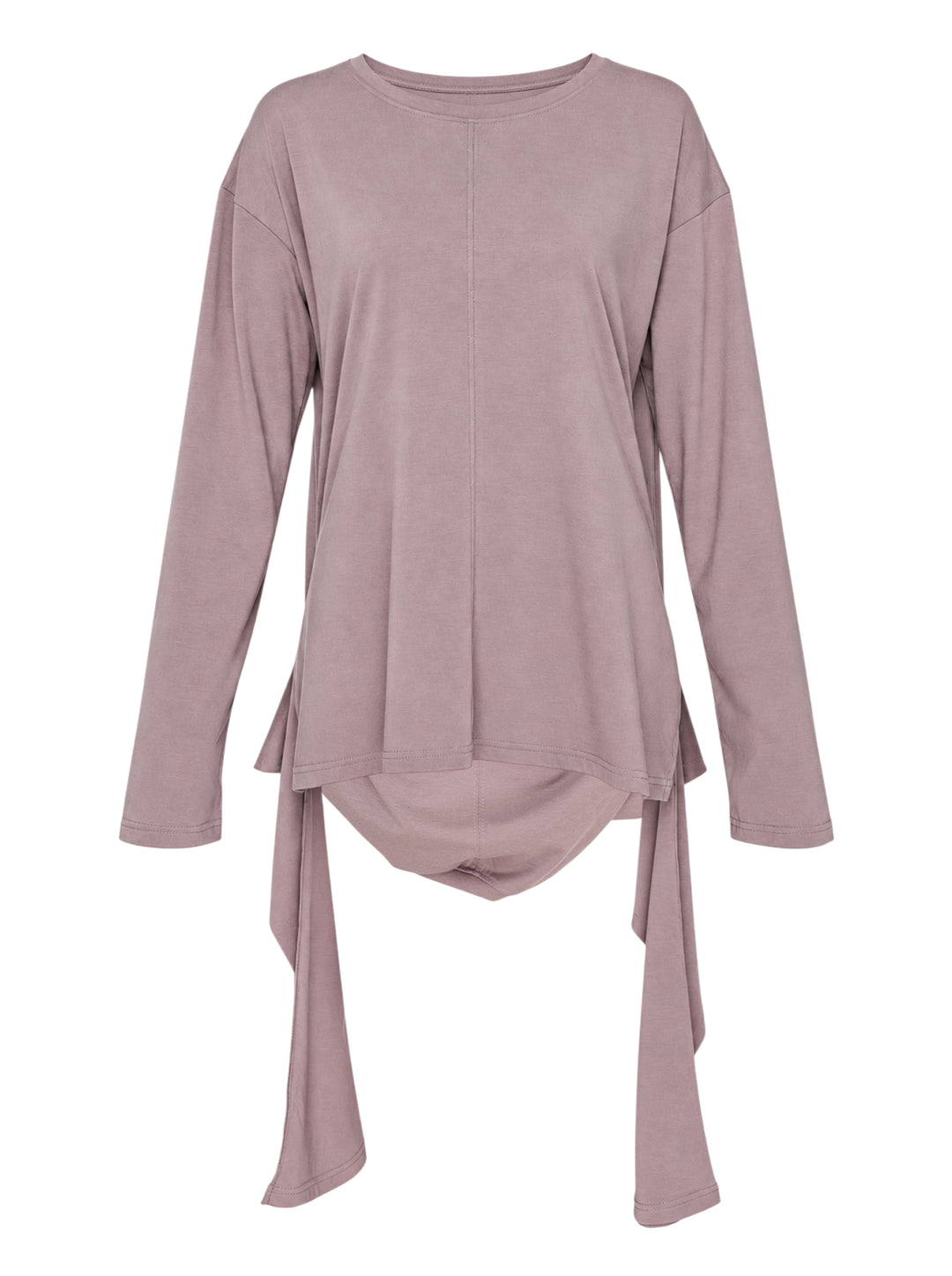 Nache Double Arm Long Sleeve Top in dusty mauve jersey with crew neckline, centre front seam and draped trailing side panels