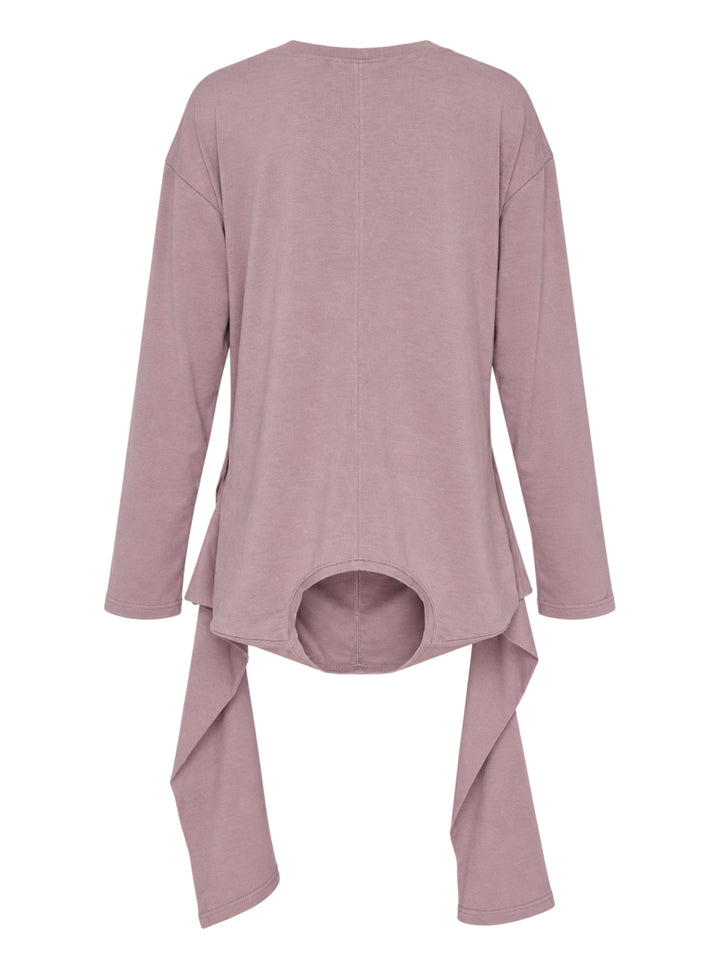 Nache Double Arm Long Sleeve Top in dusty mauve jersey with crew neckline, centre front seam and draped trailing side panels - view 2