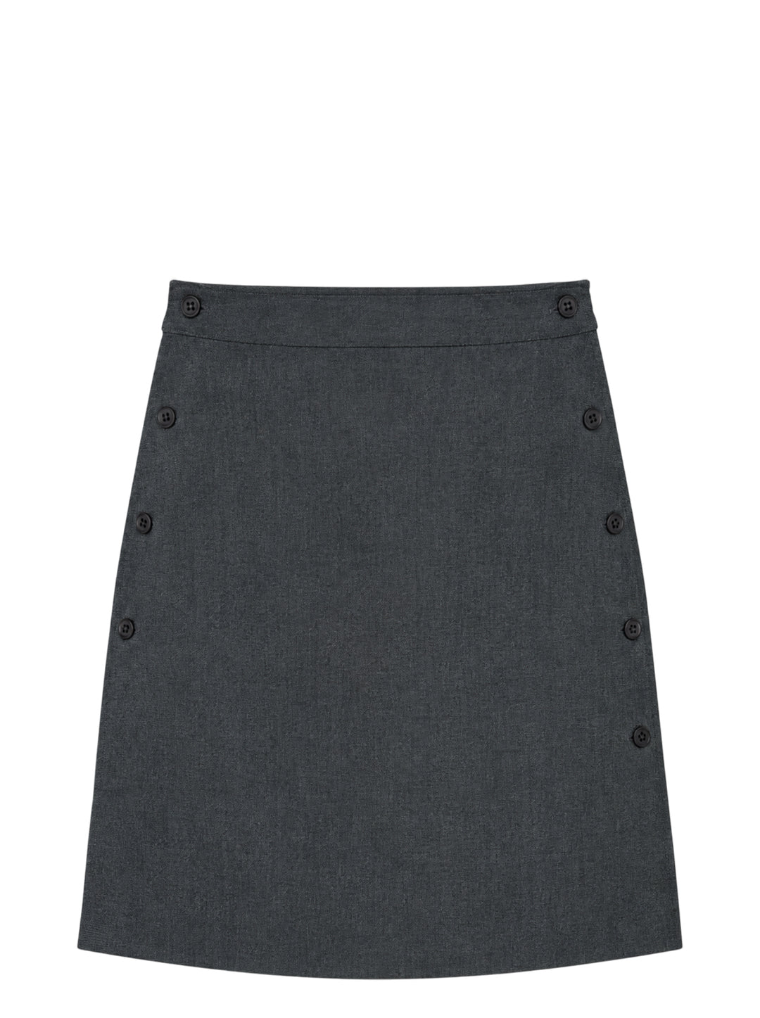 Nache charcoal grey A-line midi skirt with rows of dark buttons along both sides and buttoned waistband tabs