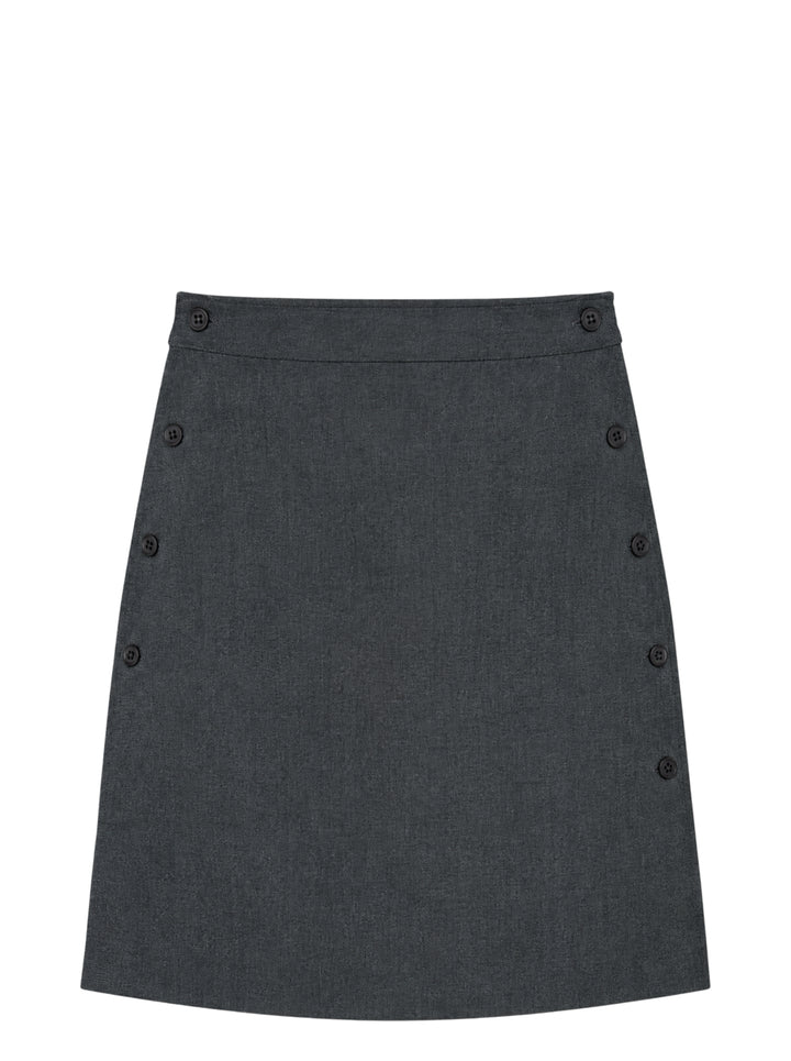Nache charcoal grey A-line midi skirt with rows of dark buttons along both sides and buttoned waistband tabs