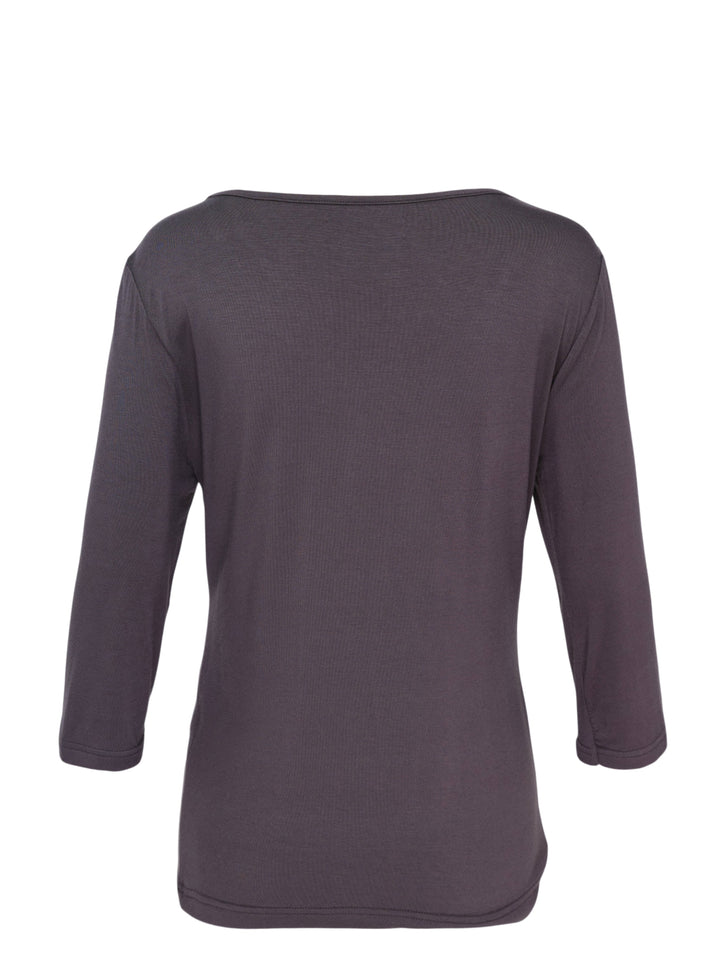 Nache charcoal layered henley neck long sleeve knit top with taupe contrast trim and button placket - view 2
