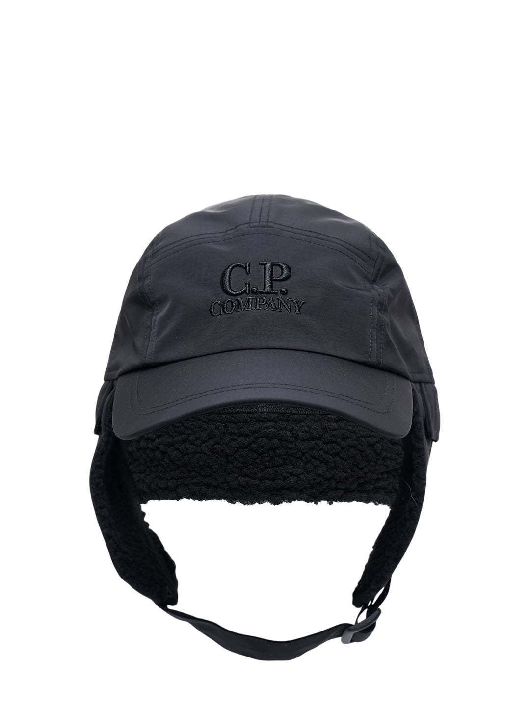 C.P. Company black baseball cap with embroidered logo and fleece-lined ear flaps with adjustable chin strap