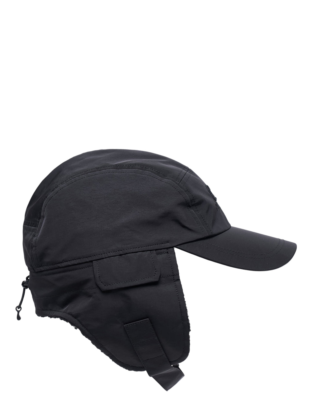 C.P. Company black baseball cap with embroidered logo and fleece-lined ear flaps with adjustable chin strap - view 2