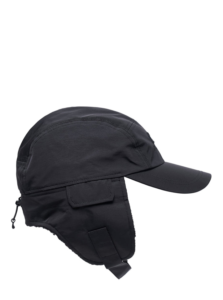 C.P. Company black baseball cap with embroidered logo and fleece-lined ear flaps with adjustable chin strap - view 2