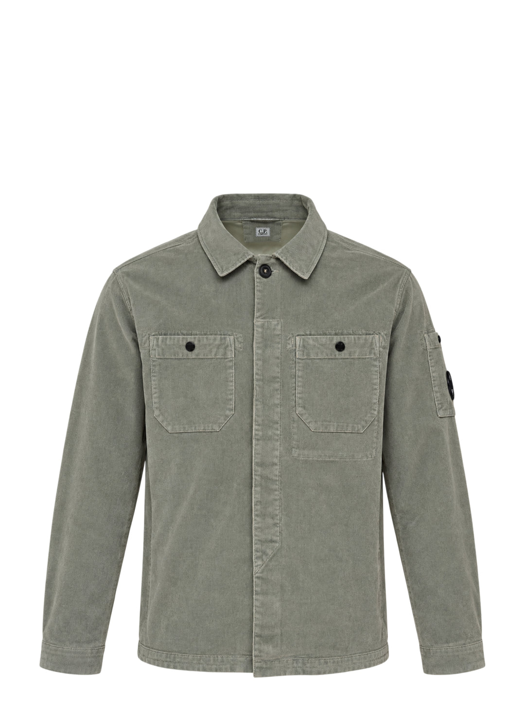 C.P. Company sage green corduroy overshirt with chest pockets, concealed button placket and lens detail on the sleeve