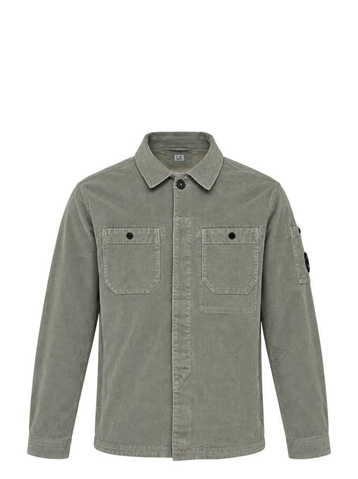 C.P. Company sage green corduroy overshirt with chest pockets, concealed button placket and lens detail on the sleeve