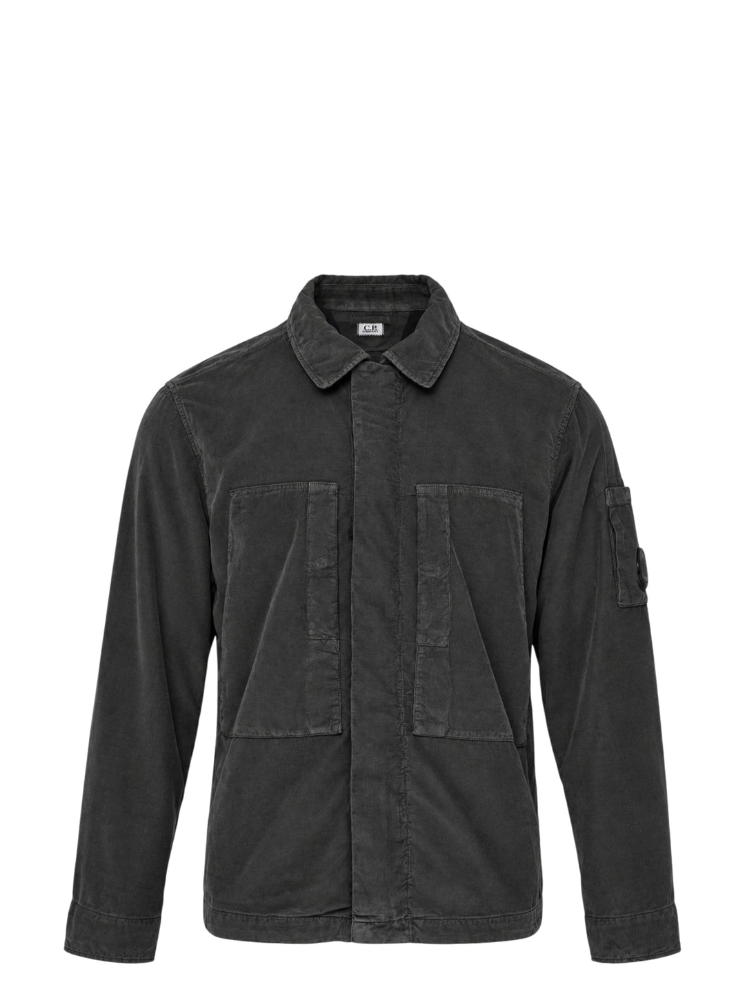 C.P. Company corduroy overshirt in washed charcoal with two large chest pockets and a Lens detail on the sleeve
