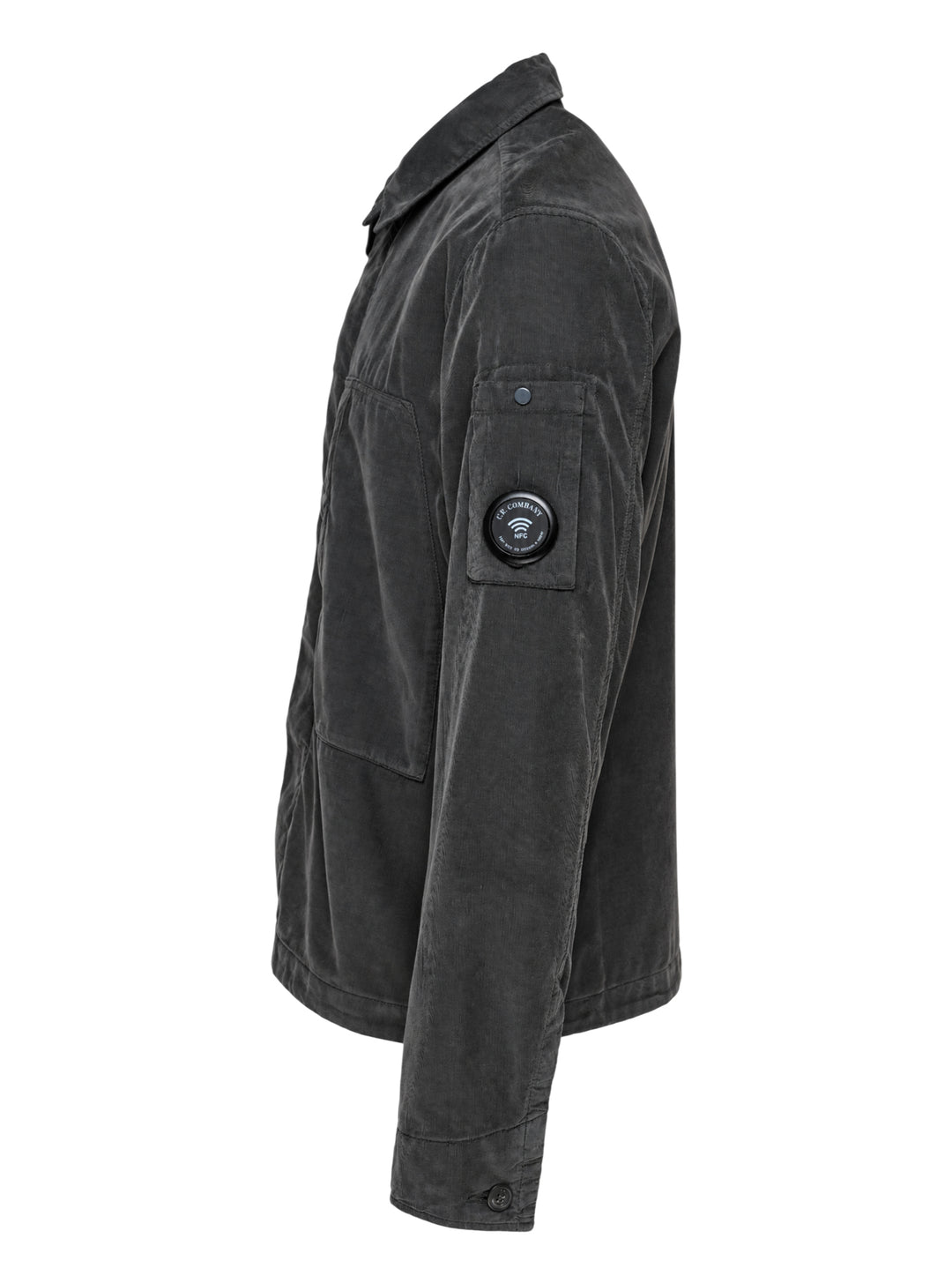 C.P. Company corduroy overshirt in washed charcoal with two large chest pockets and a Lens detail on the sleeve - view 3