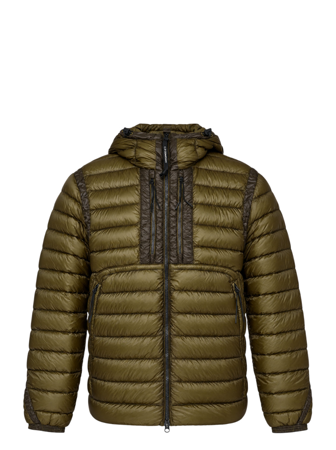 Olive green hooded quilted down jacket with tonal chest panels, zip pockets and ripstop shell
