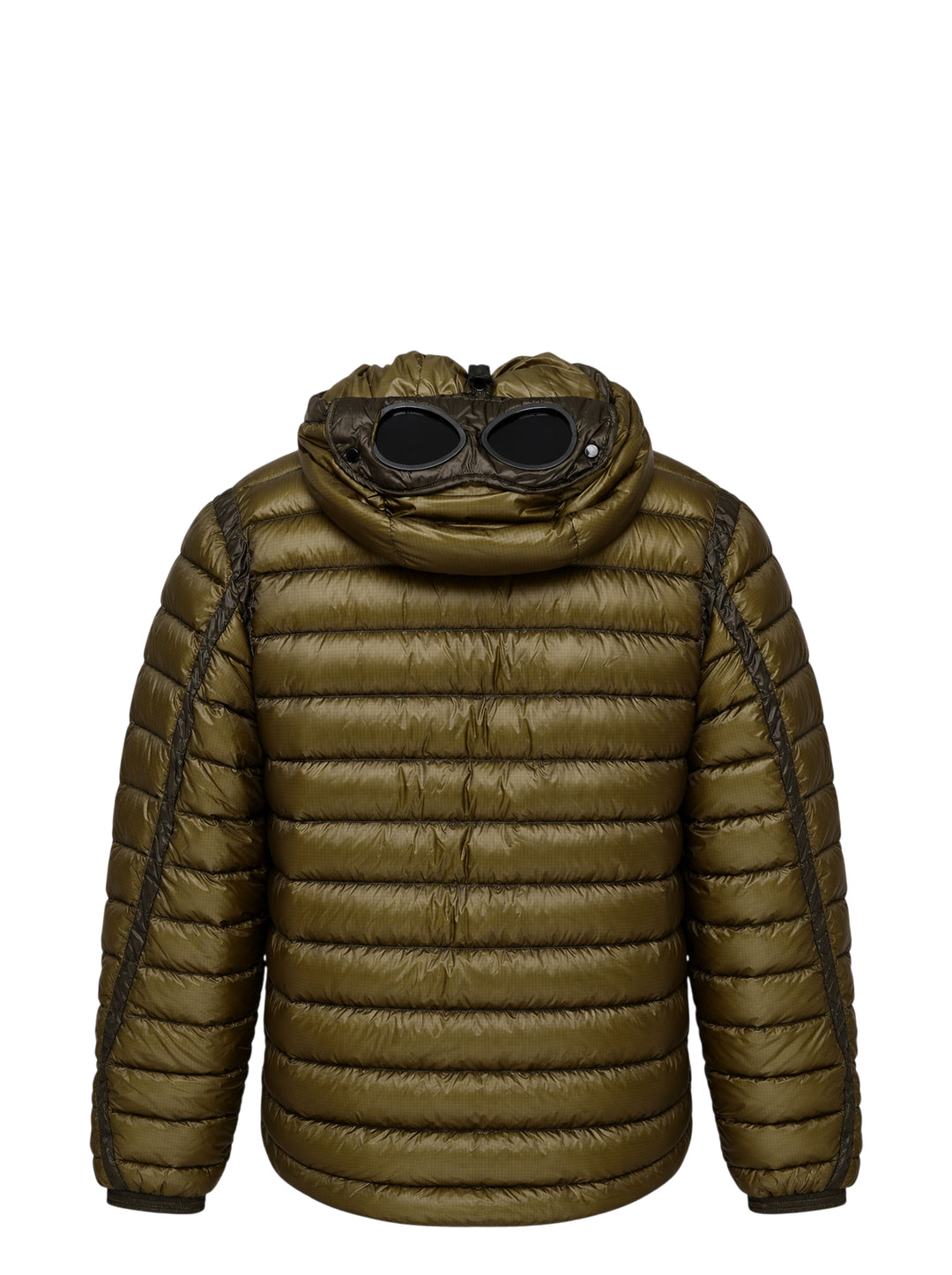 Olive green hooded quilted down jacket with tonal chest panels, zip pockets and ripstop shell - view 2
