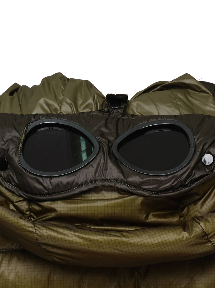 Olive green hooded quilted down jacket with tonal chest panels, zip pockets and ripstop shell - view 3