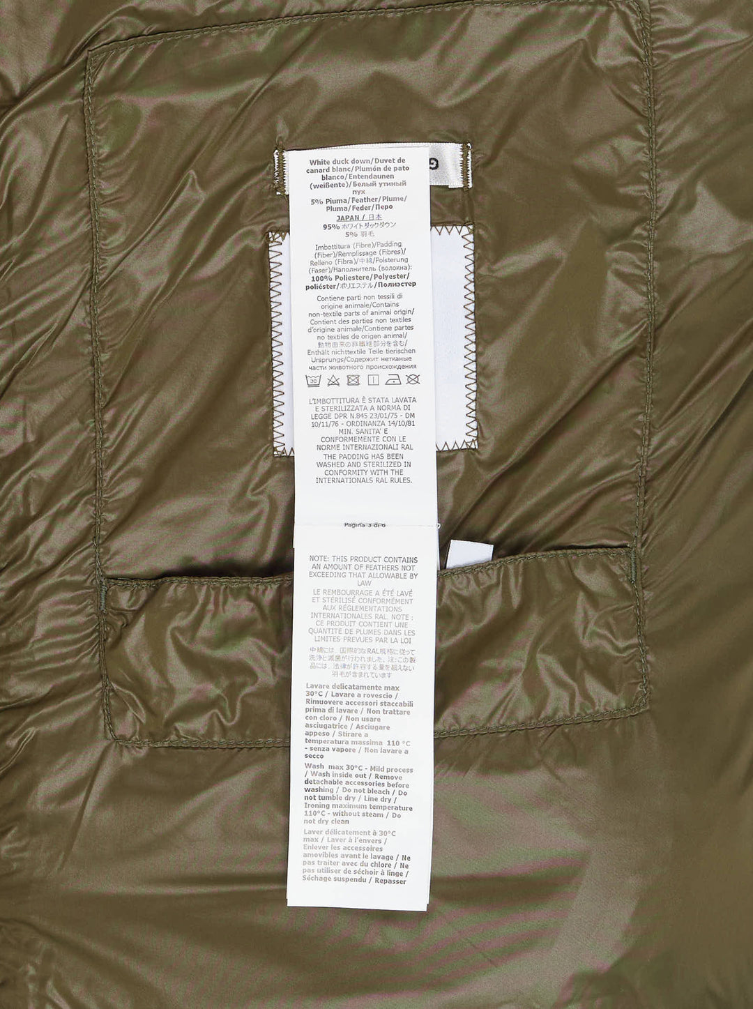 Olive green hooded quilted down jacket with tonal chest panels, zip pockets and ripstop shell - view 4