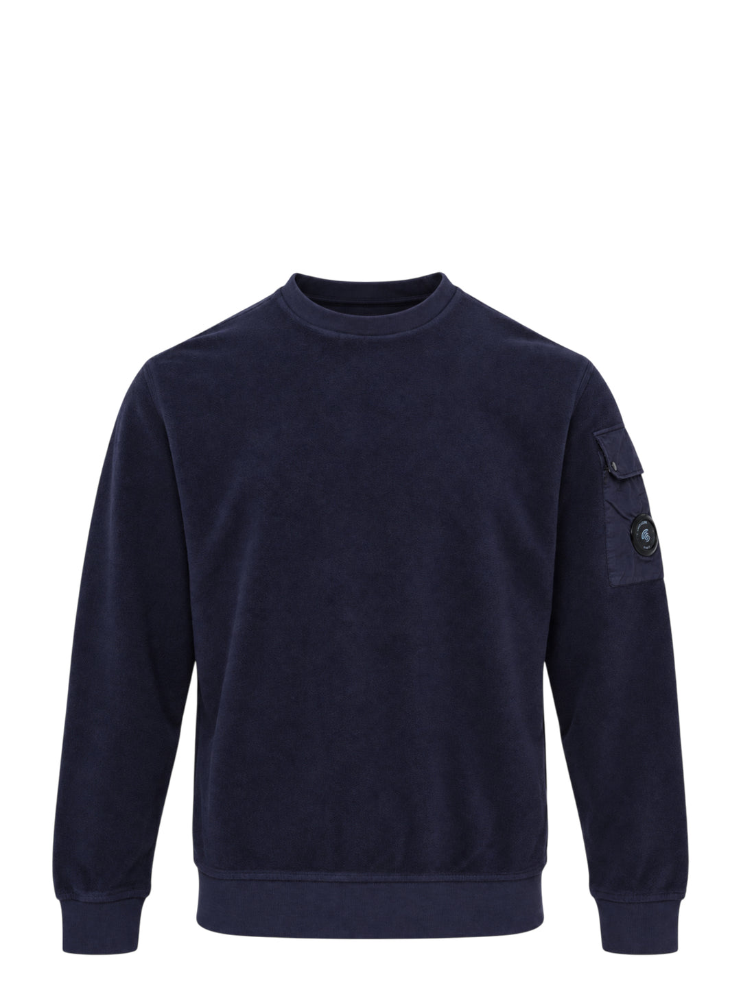 Navy brushed crew neck sweatshirt by C.P. Company with a sleeve utility pocket and signature lens detail