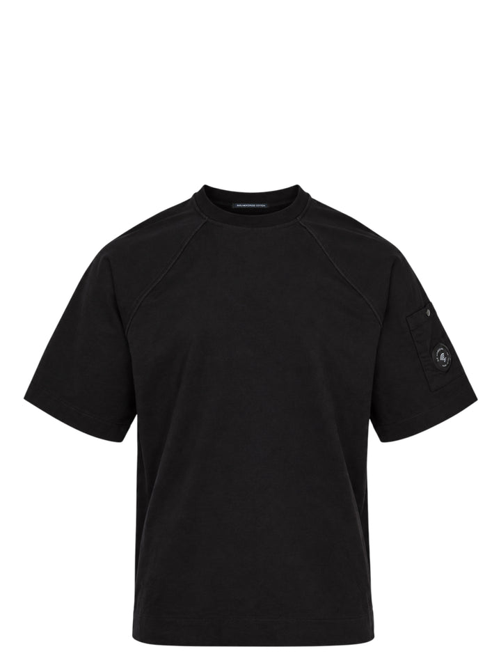 C.P. Company black mercerized cotton jersey raglan t-shirt with snap-fastened sleeve pocket and lens badge, front view