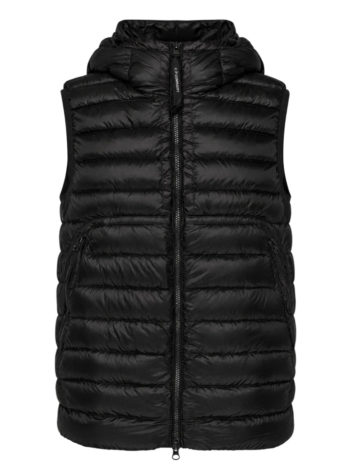 C.P. Company D.D. Shell Goggle Down Gilet in black with quilted channels, hood and zip front