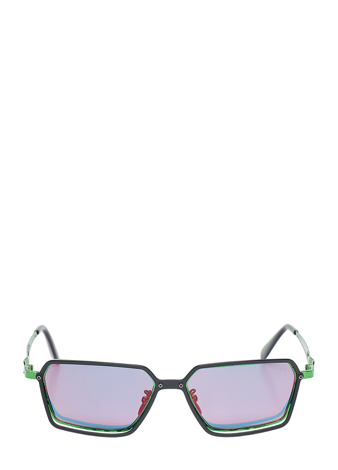 Kuboraum rectangular sunglasses with a dark angular frame, electric green inner rim and temples, and mirrored pink-blue gradient lenses, shown from the front