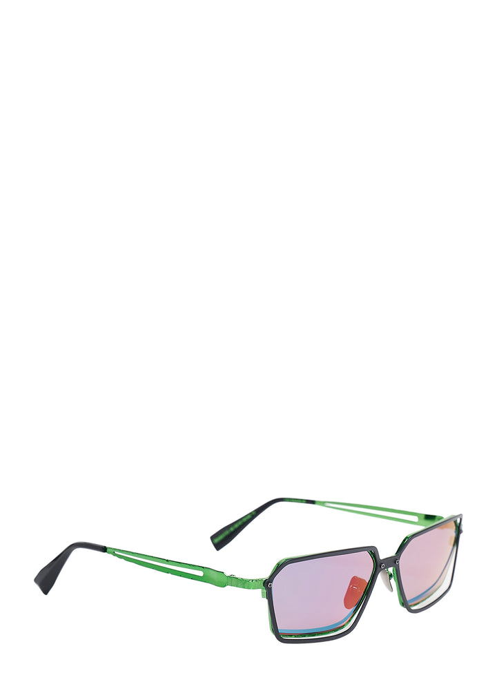 Kuboraum rectangular sunglasses with a dark angular frame, electric green inner rim and temples, and mirrored pink-blue gradient lenses, shown from the front - view 2