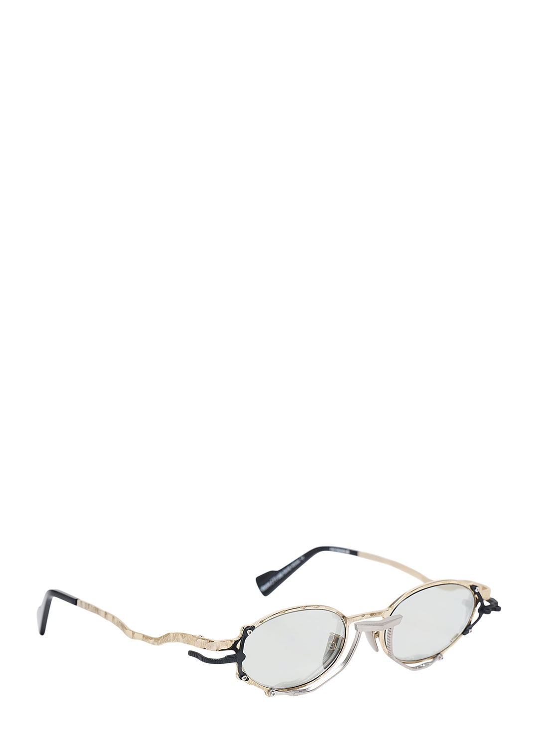Kuboraum oval glasses with hammered gold-tone metal frame, black hardware accents and light mirrored lenses, front view - view 2