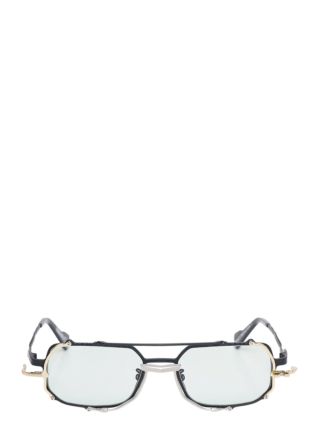 Kuboraum Black Gold Pilotis Frame glasses with angular matte black, gold and silver metal frame, double bridge and pale tinted lenses, front view