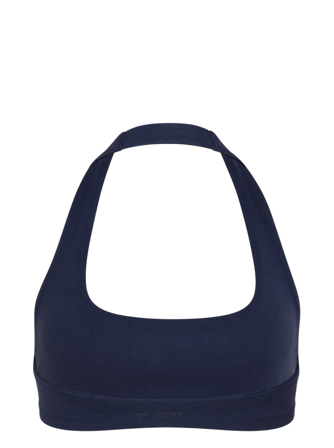 Navy halter-neck bralette from Nike X Jacquemus with a scoop front neckline and open back, shown flat against a white background - view 2