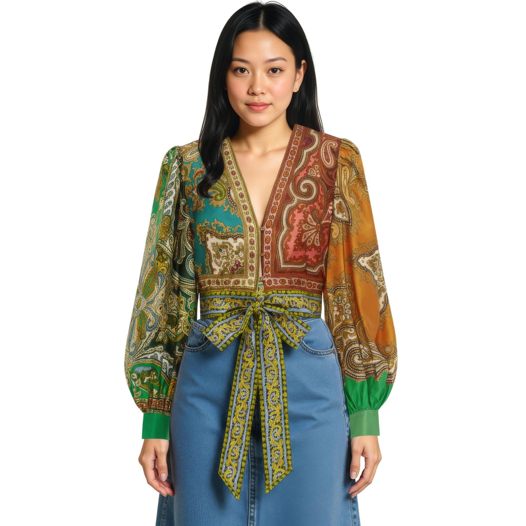 Club21 - ALEMAIS - Clemenza Spliced Crop Silk Blouse - BLOUSES - Print