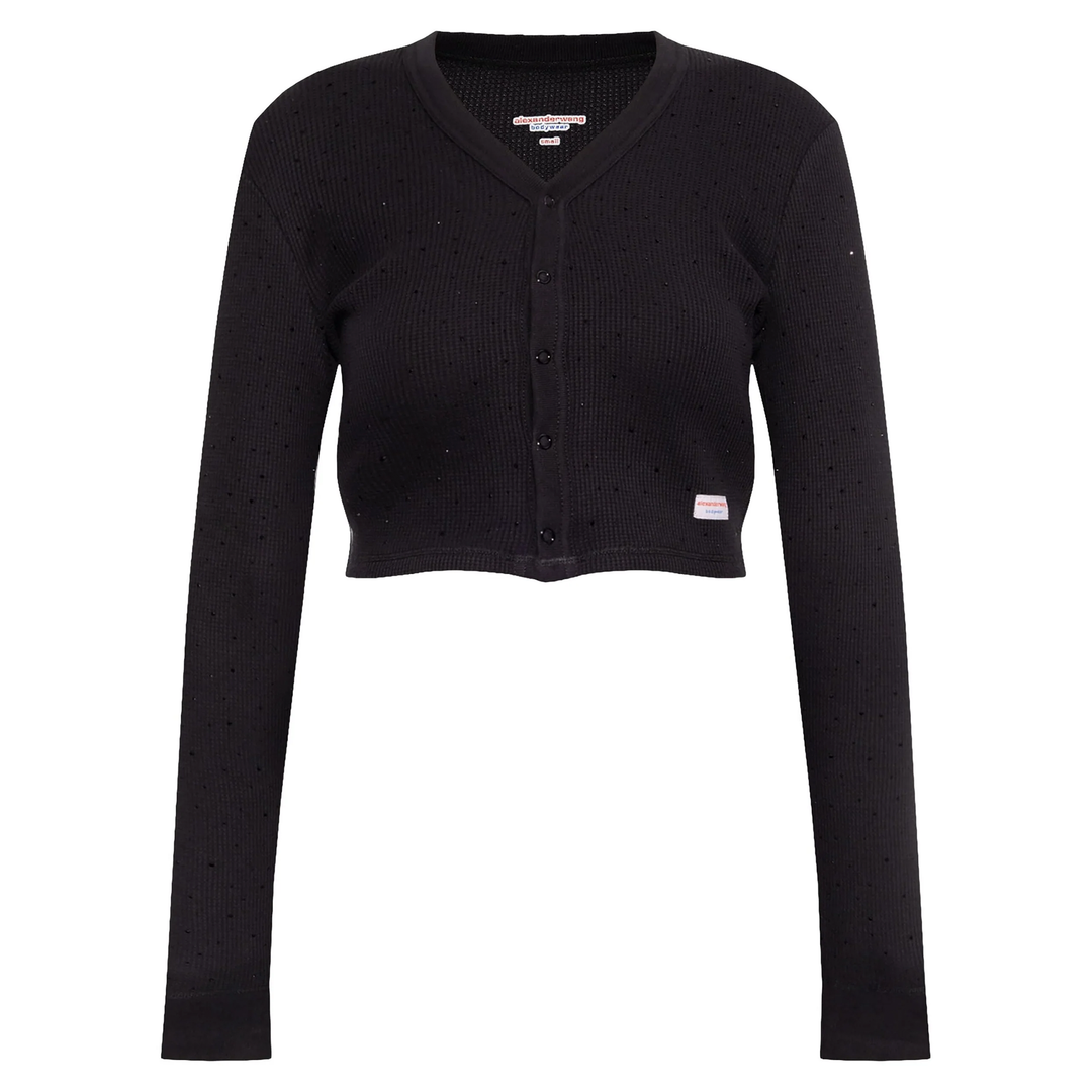 Crystal Hotfix Long-Sleeve Cardigan In Waffle Knit
