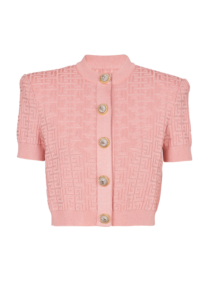 BALMAIN_Buttoned_Glittered_Knit_Cardigan-Pink