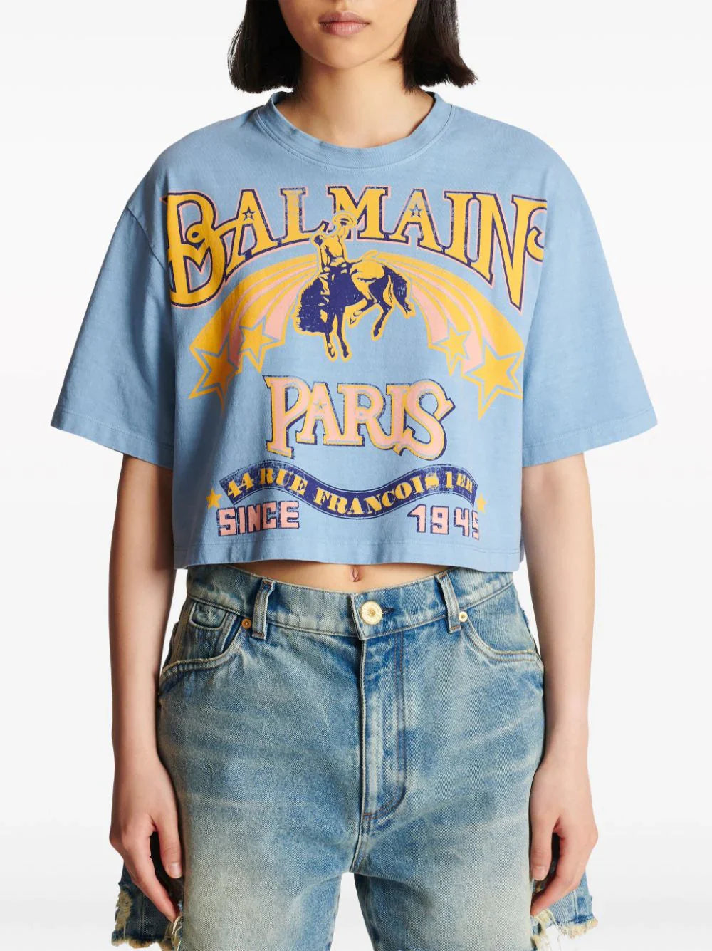 Balmain-Balmain-Western-Print-Cropped-Tee-Blue-5