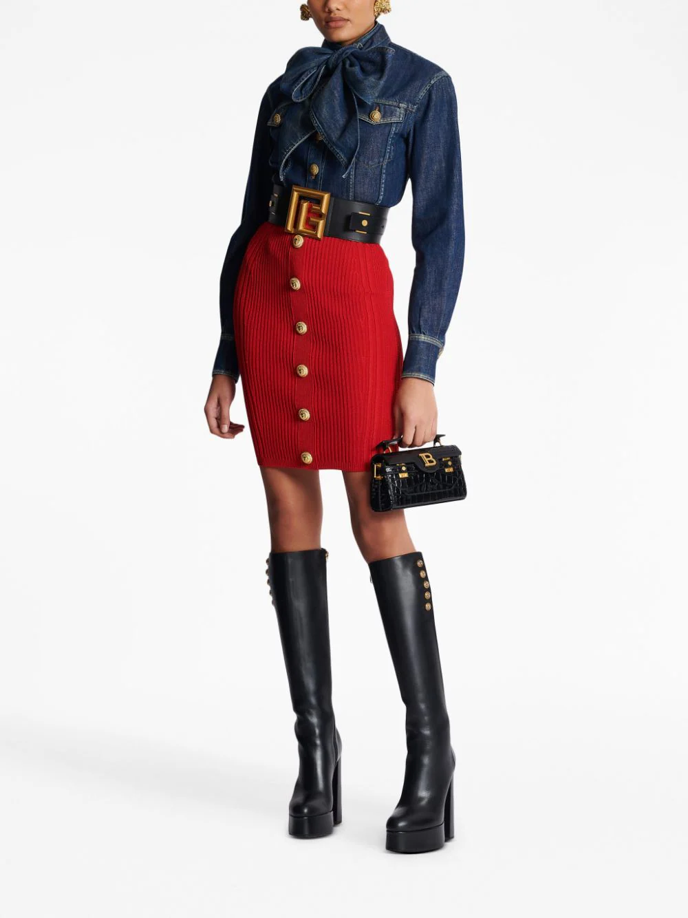 Balmain-Buttoned-Knit-Knee-Length-Skirt-Red-2