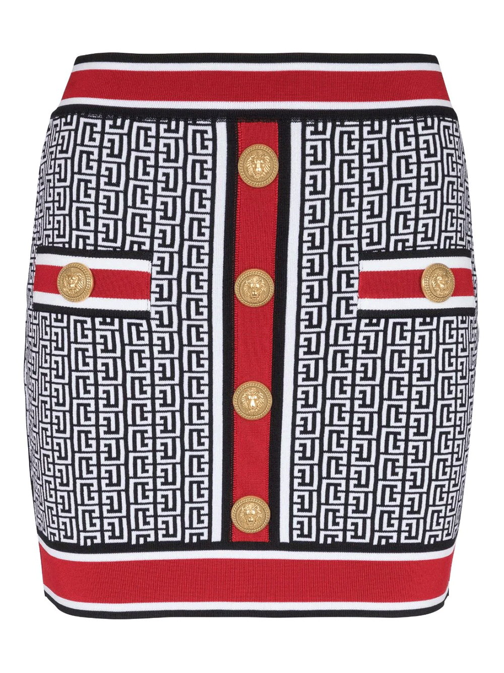 Balmain-Buttoned-Monogram-Knit-Skirt-Multi-1