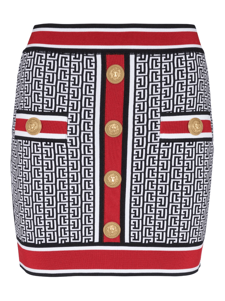 Balmain-Buttoned-Monogram-Knit-Skirt-Multi-1
