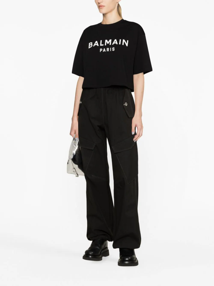 Balmain-Printed-Cropped-T-Shirt-Black-2