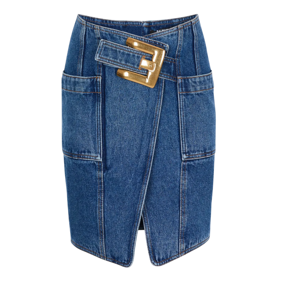 Belted Dark Blue Denim Knee Length Skirt