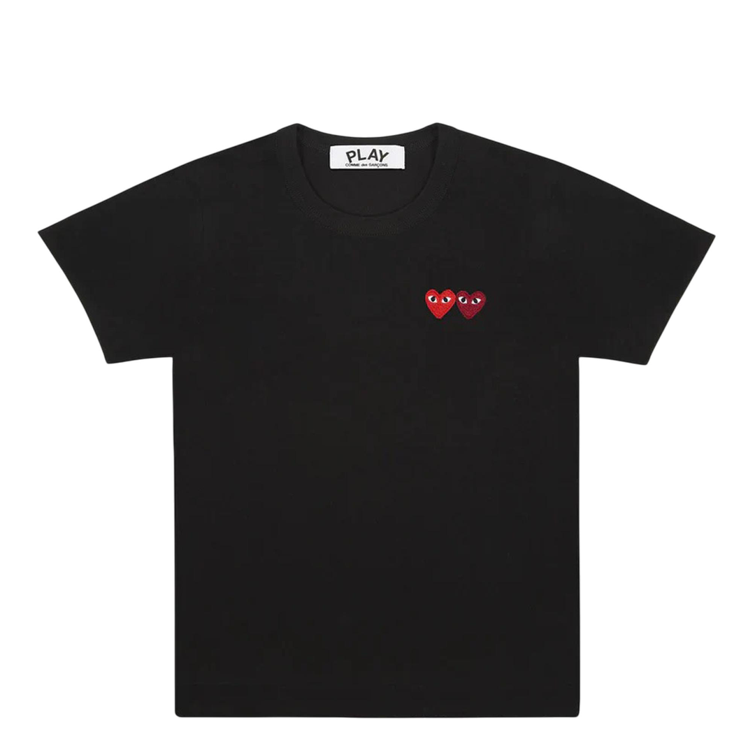 Comme des Garçons PLAY Double Heart Tee in black with twin red embroidered heart logos on the chest, unisex fit, flat lay view