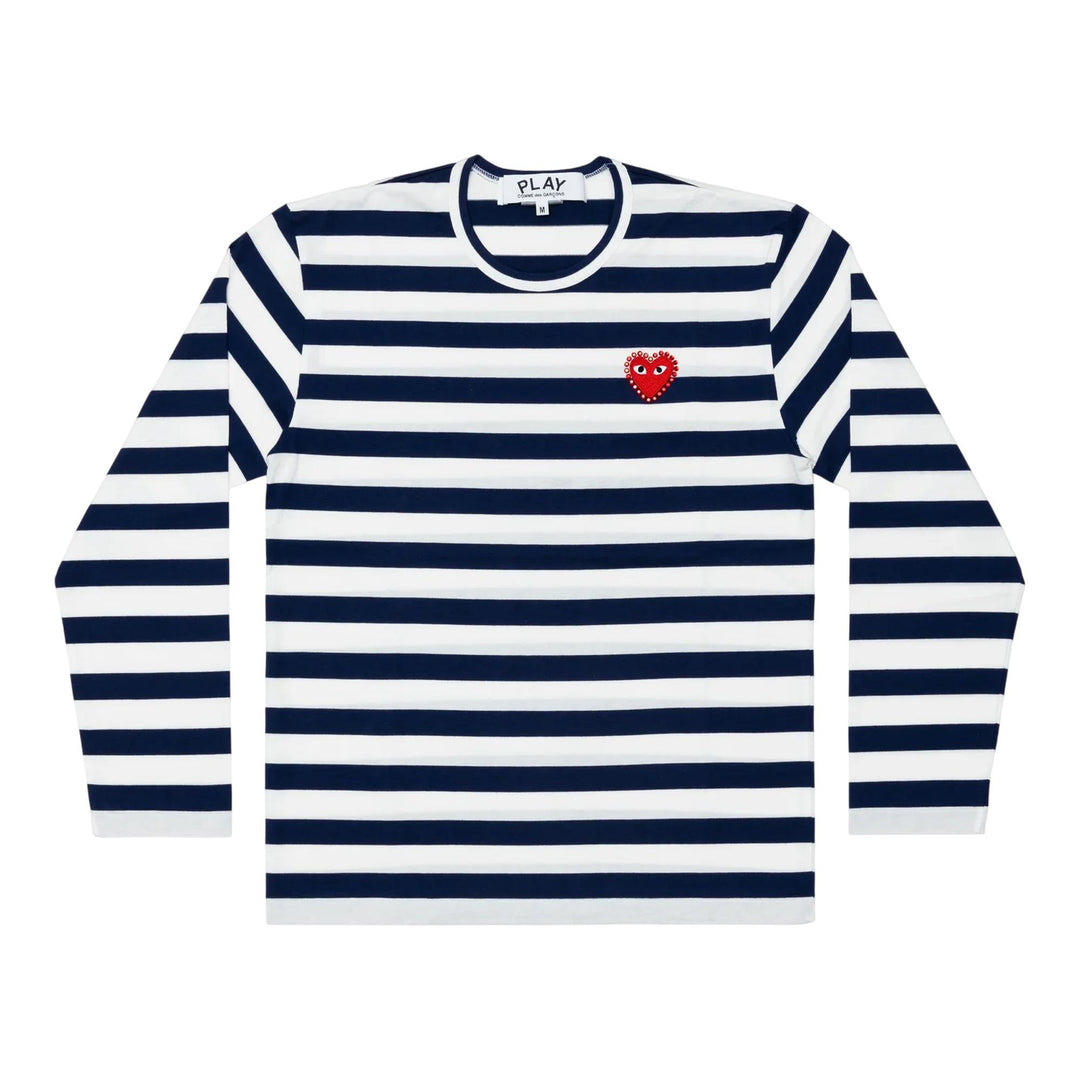 COMME_des_GARCONS_PLAY_Long_Sleeve_Rhinestone_Emblem_T-Shirt_Unisex_Navy