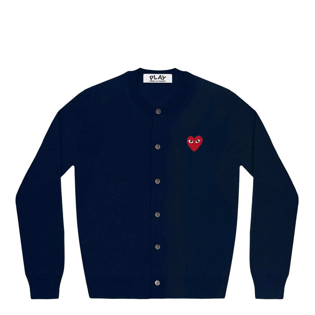 Comme des Garçons Play black knit button-front cardigan with embroidered red heart logo on chest