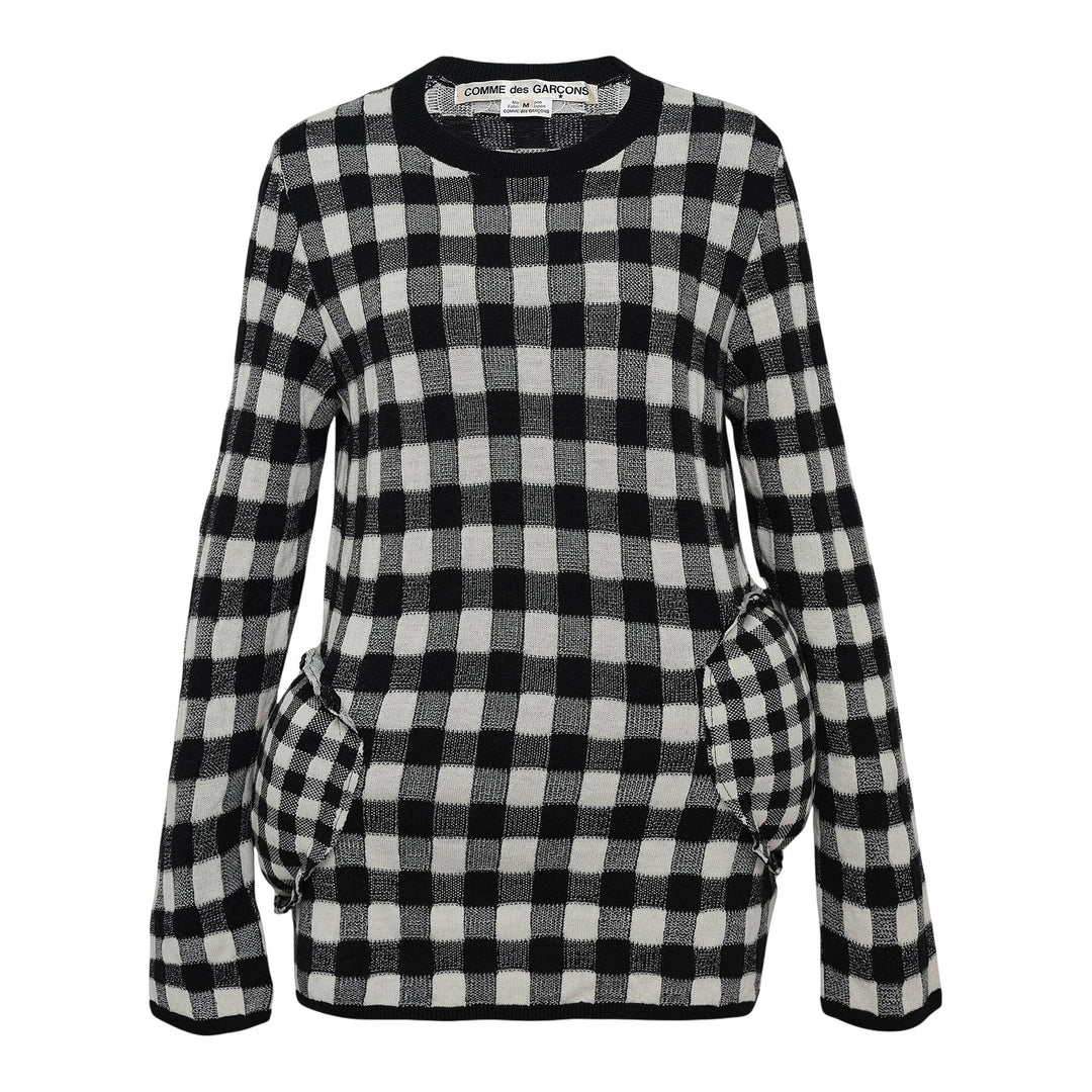 Club21 - COMME des GARCONS - Worsted Wool Jacquard Gingham Knit Top - KNIT TOPS - Black