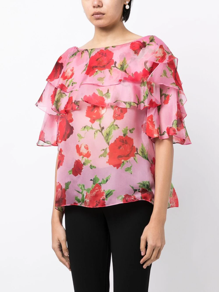 Carolina Herrera Elbow Sleeve Tiered Ruffle Top Floral 3